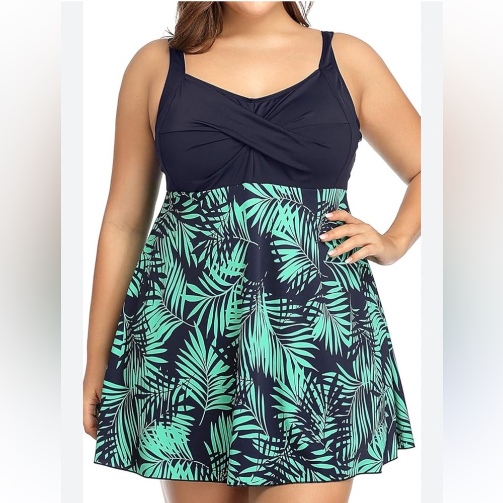 Perona Size 22 Green and Navy Blue Swim Dress Bathing Suit